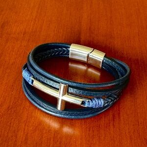 Blue Multi-Strand Faux Leather Bracelet with Magnetic Closure